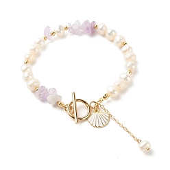 Amethyst Natural Amethyst Chip Beaded Bracelet, Natural Pearl Bracelets for Women, with Shell Shape Charms, Golden, 7-5/8 inch(19.5cm)