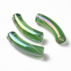 Vert Placage uv perles acryliques irisées arc-en-ciel transparentes, tube incurvé, verte, 32~33x10x8mm, Trou: 1.6mm