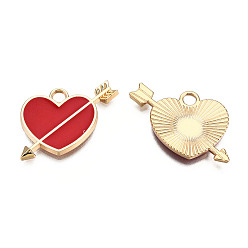 Roja Colgantes de aleación chapada en oro claro, con esmalte, corazón con la flecha, rojo, 18x23.5x2 mm, agujero: 2.5 mm
