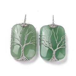 Green Aventurine Natural Green Aventurine Copper Wire Wrapped Pendants, Rectangle with Tree of Life Charms, Platinum, 46~49x25~27x10~12mm, Hole: 8x9mm