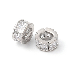 Real Platinum Plated Brass Micro Pave Cubic Zirconia Beads, Flat Round, Real Platinum Plated, 6.5x3.5mm, Hole: 3.5mm