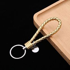 Gold PU Leather Knitting Keychains, Wristlet Keychains, with Platinum Tone Plated Alloy Key Rings, Gold, 12.5x3.2cm