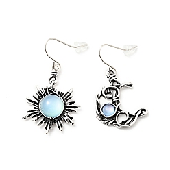 Light Sky Blue Resin Beaded Moon and Sun Asymmetrical Earrings, Alloy Dangle Earrings for Women, Light Sky Blue, 40.5~45mm, Pin: 0.6mm