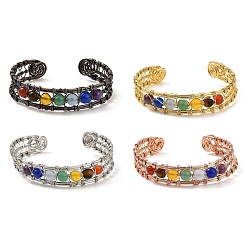Mixed Color Natural Mixed Gemstone Round Beaded Open Cuff Bangle, Rack Plating Brass Wire Wrap Bangle, Lead Free & Cadmium Free, Mixed Color, Inner Diameter: 1-7/8x2-1/4 inch(4.8x5.7cm)