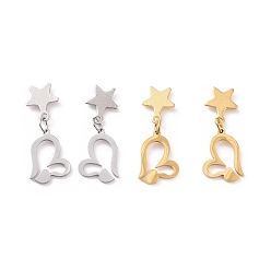 Mixed Color Valentine's Day Heart with Star 304 Stainless Steel Dangle Stud Earrings for Women, Mixed Color, 25.5mm, Pin: 0.8mm