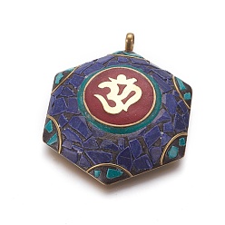 Blue Polymer Clay Big Pendants, with Brass Findings, Hexagon with Om Symbol, Unplated, Blue, 71x55x13.5mm, Hole: 5x5.4mm
