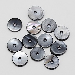 Negro Separadores de cuentas de concha naturales teñidos, disco / plano y redondo, perlas heishi, negro, 10x2 mm, agujero: 1 mm