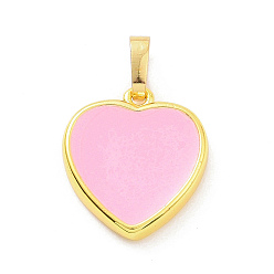 Perlas de Color Rosa Colgantes de esmalte de latón chapado en oro real 18k ecológicos, sin plomo y cadmio, larga duración plateado, encanto del corazón, rosa perla, 17x15x3.5 mm, agujero: 3.5x6 mm