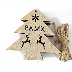 Christmas Tree Unfinished Wood Pendant Decorations, with Hemp Rope, for Christmas Ornaments, Christmas Tree, 7.2x7.2cm, 10pcs/bag