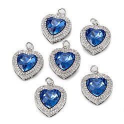 Королевский синий Латунные микро проложить кубического циркония подвески, сердце, Реальная платина, королевский синий, 19x16x7 мм, отверстие : 3.4 мм, Перейти кольцо: 5x0.8 мм