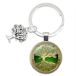 Yellow Green Glass Keychains, Flat Round with Tree of Life Charms, Yellow Green, 6.2cm