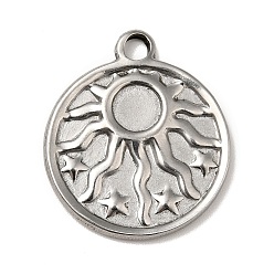 Stainless Steel Color 304 Stainless Steel Pendant Cabochon Settings, Flat Round with Sun Pattern, Stainless Steel Color, Tray: 5mm, 21x18x2mm, Hole: 2mm