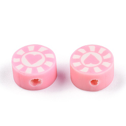 Pink Handmade Polymer Clay Beads, Flat Round with Heart & Sun, Pink, 9~10x5mm, Hole: 1.6mm