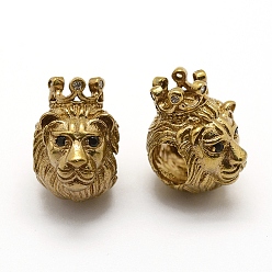 Raw(Unplated) Brass Beads, Nickel Free, with Cubic Zirconia, Large Hole Beads, Lion with Crown, Raw(Unplated), 14x9.5x12.5mm, Hole: 5mm