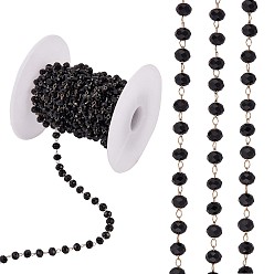 Black Glass Faceted Rondelle Beaded Chain, Golde Plated Brass Cable Chains, Soldered, with Spool, for Jewelry Making, Black, 4mm, about 16.40 Feet(5m)/Roll