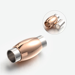 Rose Gold & Stainless Steel Color 304 Stainless Steel Magnetic Clasps with Glue-in Ends, Oval, Rose Gold & Stainless Steel Color, 20x10mm, Hole: 6mm