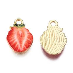 Red Alloy Enamel Pendants, Light Gold, Strawberry, Red, 18x12.5x3mm, Hole: 2mm