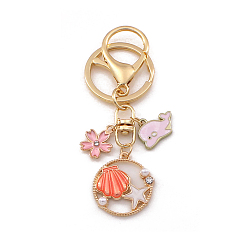 Pink Porte-clés pendentif en émail d'alliage d'étoile de mer de coquille avec le charme de dauphin et de fleur, pour femme sac clé de voiture accessoires, rose, 9 cm