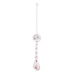 Clear AB Hanging Suncatcher, Iron & Faceted Glass Pendant Decorations, with Jump Ring, Tree of Life, Clear AB, 350x1mm, Hole: 11mm