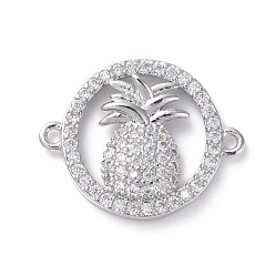 Platinum Brass Micro Pave Cubic Zirconia Links connectors, Ring and Pineapple, Clear, Platinum, 15x19x3mm, Hole: 1.2mm