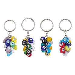 Mixed Shapes Handmade Evil Eye Lampwork Beads Keychain, with Iron Split Key Rings, Round/Hamsa Hand/Flat Round/Flower, 7.6cm