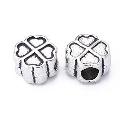 Antique Silver Tibetan Style Alloy European Beads, Large Hole Beads, Cadmium Free & Lead Free, Four Leaf Clover, Antique Silver, 10.5x10.5x7mm, Hole: 4.5mm, about 470pcs/1000g