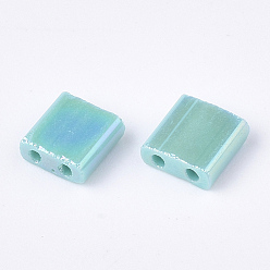 Medium Turquoise 2-Hole Glass Seed Beads, Rainbow Plated, Square, Medium Turquoise, 5x4.5~5.5x2~2.5mm, Hole: 0.5~0.8mm
