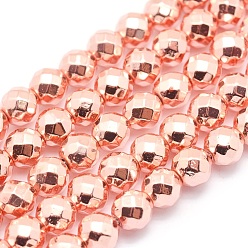 Rose Gold Plated Electroplate Non-magnetic Synthetic Hematite Beads Strands, Grade AAA, Long-Lasting Plated, Faceted, Round, Rose Gold Plated, 3mm, Hole: 1mm, about 140pcs/strand, 15.7 inch(40cm)