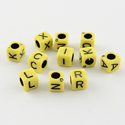 Yellow Mixed Letters Opaque Acrylic Cube Beads, Horizontal Hole, Yellow, 6x6x6mm, Hole: 3mm, about 3100pcs/500g