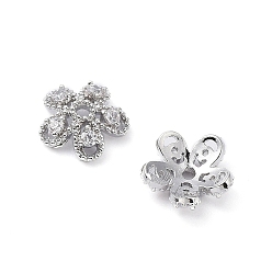 Real Platinum Plated Brass with Clear Cubic Zirconia Bead Caps, 5-Petal Flower, Real Platinum Plated, 8.5x9x3mm, Hole: 1~1.4mm