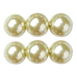 Light Khaki Eco-Friendly Glass Pearl Beads Strands, Grade A, Round, Dyed, Cotton Cord Threaded, Light Khaki, 14mm, Hole: 1.2~1.5mm, about 30pcs/strand, 15.7 inch