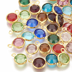 Mixed Color Glass Charms, with 304 Stainless Steel Finding, Flat Round, Faceted, Golden, Mixed Color, 12x8.5x4mm, Hole: 1.5mm