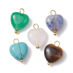 Doré  Breloques cœur en pierres précieuses naturelles et synthétiques mélangées, avec boucles en fil de cuivre, or, 14.5x10x5mm, Trou: 2.3mm