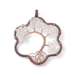 Quartz Crystal Flower Natural Quartz Crystal Copper Wire Wrapped Chip Big Pendants, Rock Crystal, Tree of Life Charm, with Red Copper Tone Iron Findings, 59x45x8mm, Hole: 6.2mm