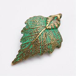 Античный Бронзовый Зеленый Сплавочные подвески тибетского стиля, лист, античная бронза и зеленая патина, 34x20x5 мм, отверстие : 3x4 мм