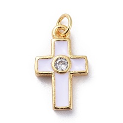 White Cubic Zirconia Tiny Cross Charms, with Brass Findings and Enamel, Golden, White, 15x9x2.5mm, Hole: 1.8mm