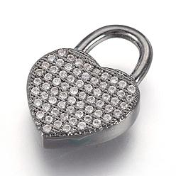 Bronze Micro cuivres ouvrent pendentifs zircone cubique, cadenas coeur, gris anthracite, 20x14x3.5mm, Trou: 6x6.5mm