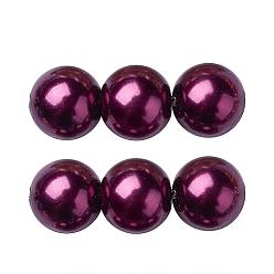 Purple Eco-Friendly Dyed Glass Pearl Round Beads Strands, Grade A, Cotton Cord Threaded, Purple, 12mm, Hole: 0.7~1.1mm, about 34pcs/strand, 15 inch