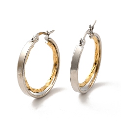 Golden & Stainless Steel Color Two Tone 304 Stainless Steel Double Ring Hoop Earrings for Women, Golden & Stainless Steel Color, 29x27x3.5mm, Pin: 1x0.6mm