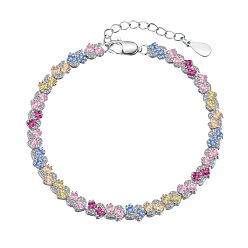 Trapezoid Rhodium Plated 925 Sterling Silver Link Chain Bracelet, Colorful Cubic Zirconia Tennes Bracelet, Trapezoid, 6-5/8 inch(16.9cm)