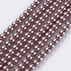 Camel Eco-Friendly Glass Pearl Beads Strands, Grade A, Round, Dyed, Cotton Cord Threaded, Camel, 12mm, Hole: 1.2~1.5mm, about 34pcs/strand, 15.7 inch