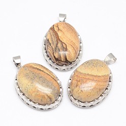 Jaspe Image Image Naturel jaspe pendentifs, avec les accessoires en laiton, ovale, platine, 30x21x10~11mm, Trou: 6x4mm