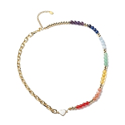 Mixed Stone Natural Mixed Gemstone Beaded Necklace with Enamel Heart, Chakra Yoga Theme Jewelry for Women, Golden, 20.67 inch(52.5cm)