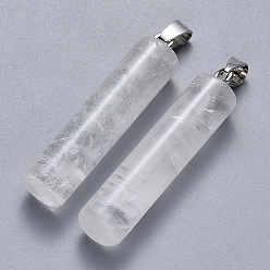 Quartz Crystal Natural Quartz Crystal Pendants, Rock Crystal Pendants, with Platinum Tone Iron Pinch Bail, Column, 43~46x10mm, Hole: 4x7mm