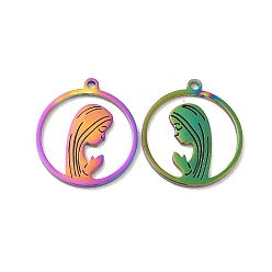 Rainbow Color Placage ionique (ip) 304 pendentifs en acier inoxydable, plat rond avec breloque fille, couleur arc en ciel, 20x18x1mm, Trou: 1.5mm