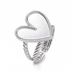 Color de Acero Inoxidable 304 fornituras de anillo de puño abierto de acero inoxidable, ajuste del anillo, corazón, color acero inoxidable, bandeja de corazón: 16x16 mm, tamaño de EE. UU. 7 1/4 (17.5 mm)