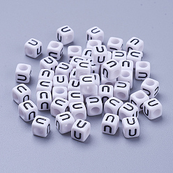 Letter U Acrylic Horizontal Hole Letter Beads, Cube, White, Letter U, Size: about 6mm wide, 6mm long, 6mm high, hole: about 3.2mm, about 2600pcs/500g
