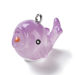 Lilac Sea Animal Theme Opaque Resin Pendants, Dolphin Charms with Platinum Tone Iron Loops, Lilac, 21.5x18x25mm, Hole: 2mm