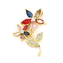 Colorful Rack Plating Real 18K Gold Plated Brass Pendants, with Cubic Zirconia, Long-Lasting Plated, Lead Free & Cadmium Free, Flower, Colorful, 29x20.5x5mm, Hole: 3.8x1.8mm