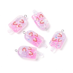 Strawberry Resin Pendants, with Platinum Tone Iron Loop, Imitation Food, Ice-lolly with Fruit, Strawberry Pattern, 37x16.5x17.5mm, Hole: 2mm